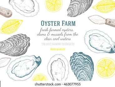 Vector illustration of oyster. Oyster farm and oyster restaurant design template.