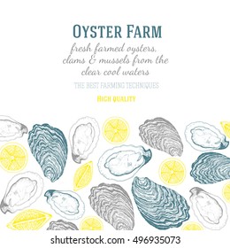 Vector illustration of oyster. Farm and restaurant design template. Linear drawn vector illustration with oysters and lemons.