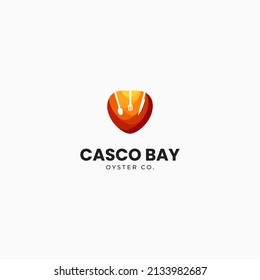 Vector illustration of oyster shell, spoon, fork and knife. Logo template for fish or seafood restaurant menu. The epitome of delicacy in gradient style on a light background.