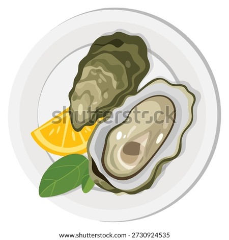 Vector illustration of oysters clams in shell plate with lemon isolated ideal for international oyster day seafood menu and cartoon culinary artwork
