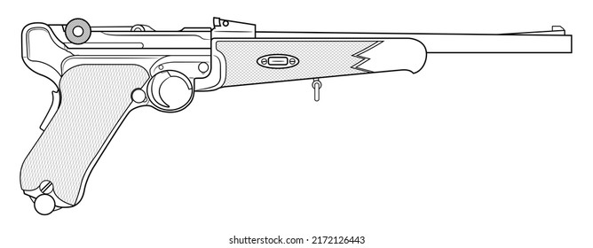 Vector illustration of the P08 Luger german automatic pistol with long barrel and wooden handgrip on the white background