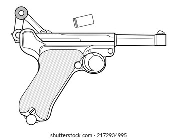 Vector illustration of the P08 Luger german automatic pistol with the breech in the rear position and the cartridge case falling out on the white background