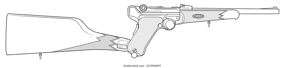 Vector illustration of the P08 Luger german automatic pistol with long barrel and wooden handgrip and stock on the white background