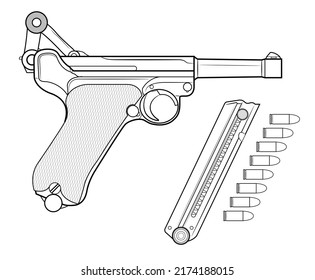 Vector illustration of the P08 Luger german automatic pistol with the breech in the rear position and equipment such as a magazine and cartridges on a white background