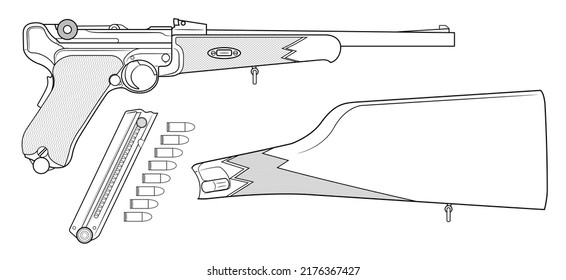 Vector illustration of the P08 Luger german automatic pistol with long barrel and wooden handgrip and equipment such as a stock, magazine and cartridges on a white background