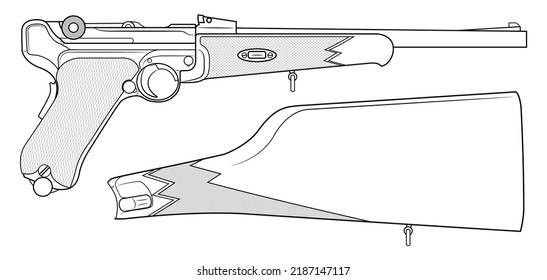 Vector illustration of the P08 Luger german automatic pistol with long barrel and wooden handgrip with a stock on a white background
