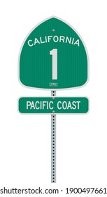 Vector illustration of the Pacific Coast and California State Highway green road signs on metallic post