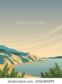 Vector illustration. Pacific Coast 
 Poster design, wall poster, travel card, banner, packaging, cover. Modern design, flat style. Tourism.