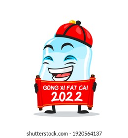 vector illustration of pacifier mascot or character holding red scroll and says happy chinese new year 2021