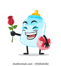vector illustration of pacifier mascot or character give flower and holding pink gift
