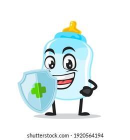 vector illustration of pacifier mascot or character holding shield for protection