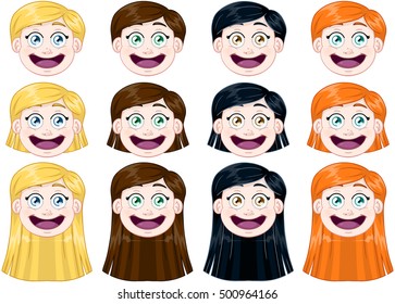 Vector illustration pack of cute girl heads.