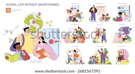 Vector illustration pack depicting school activities without smartphones, focusing on classroom engagement, peer interaction, and outdoor learning. Ideal for educational concepts.