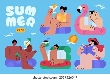 Vector illustration pack featuring a diverse group of people enjoying summer at beach or pool scenes, with colorful floaties, drinks, and other items.