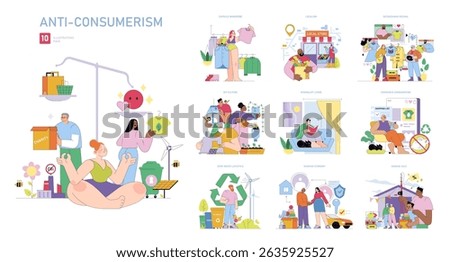 Vector illustration pack highlighting anti-consumerism. Includes themes like minimalism, conscious consumerism, and sustainable living with diverse activities and emotions.