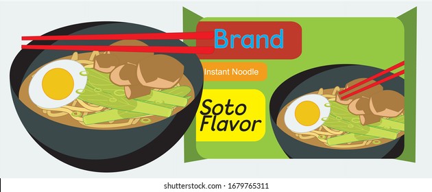 Vector illustration of a pack of Indonesian instant noodle (Soto Flavor) with a bowl of the cooked one and various toppings like egg, beef, green onion, and bok choy.