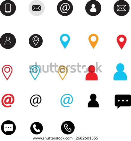  Vector illustration pack of minimalist communication and contact. Features phone, location, email, and user icons in a clean, flat design style for graphic design and user experience projects.