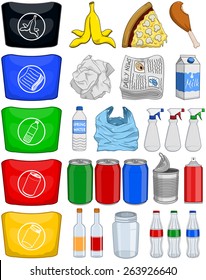 Vector illustration pack of organic paper plastic aluminium and glass items for recycling.