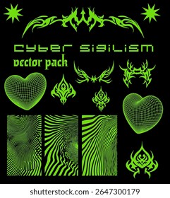 Vector illustration pack in popular cyber sigilism style, featuring neon green tribal shapes, 3D hearts, and optical illusion stripes on black. Edgy Y2K-inspired style uses bold geometric forms.
