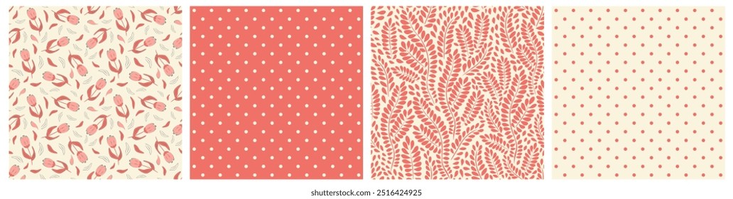 Vector illustration. Pack of seamless patterns of flowers, plants, branches, dots in beige, orange, terracotta colors. Fabric design, wrapping paper