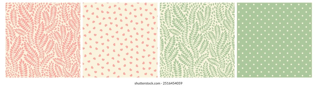 Ilustración vectorial. Paquete de patrones sin costuras de plantas, ramas, corazones, puntos en colores rosa pastel y verde. Diseño de la tela, papel de embalaje