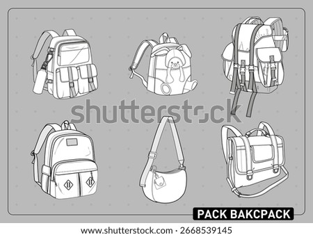 Vector illustration pack of six different backpack designs, including casual, travel, kids, and fashion styles. Perfect for designers exploring modern luggage, accessories, and bag concepts