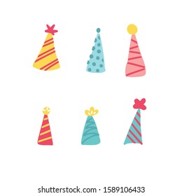 Vector illustration pack of various party hats with three different textures and four different color variations.