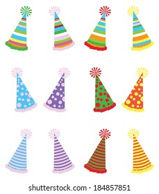 Vector illustration pack of various party hats with three different textures and four different color variations