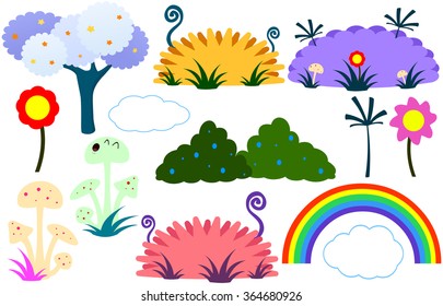 Vector illustration pack of various plants flowers tree and rainbow in flat colorful cute style.
