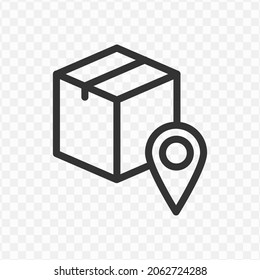 Vector illustration of package box location icon in dark color and transparent background(png).