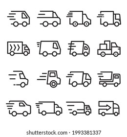 vector illustration of package delivery truck icon design set in black line style. suitable for delivery service business graphic assets, websites, banners, brochures, applications, etc.