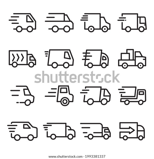 vector\
illustration of package delivery truck icon design set in black\
line style. suitable for delivery service business graphic assets,\
websites, banners, brochures, applications,\
etc.