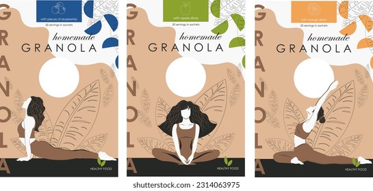 Vector illustration. Package design for granola, cereal, healthy food, oatmeal, buckwheat, rice, healthy foods, cereals, healthy nutrition, diet. Packaging design, logo, branding. Isolated vector.