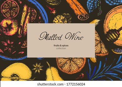 Vector illustration with package design or spice label for mulled wine. Dry fruits apples and oranges, seasoning for hot wine in the style of drawing from the hand for a bar or invitation
