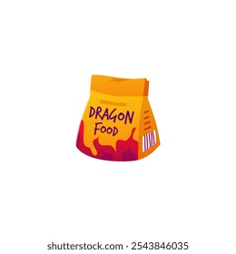 Vector illustration of a package with fire food for a dragon. Colorful packaging with the image of a mythical creature for feeding pets on a white background.