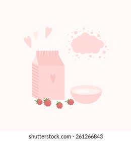 Vector illustration with package of milk, cup and raspberries on a table