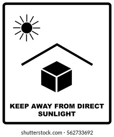 Vector illustration of the package sign - Keep away from heat - Solar radiation. Keep away from direct sunlight text. Packaging label. Black silhouettes, symple flat style.