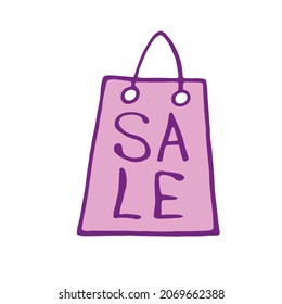 Vector illustration of package for the store with inscription Sale. Hand drawn outline color design element in doodle style isolated. For Black Friday, discounts, shops, shopping centers