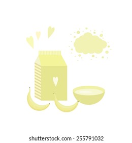 Vector illustration with package of yogurt, cup and bananas on a table