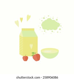 Vector illustration with package of yogurt, cup and apples on a table