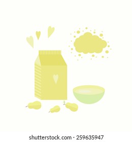 Vector illustration with package of yogurt, cup and pears on a table 