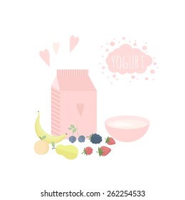 Vector illustration with package of yogurt, cup and fruits and berries on a table. Products on a white background