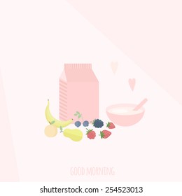 Vector illustration with package of yogurt or milk, cup and fruits and berries on a table. Concept healthy breakfast