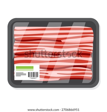 Vector illustration of packaged bacon in a styrofoam tray with a label