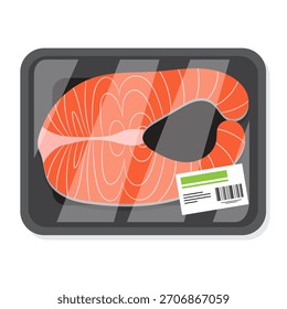 Ilustración vectorial de salmón envasado en una bandeja de poliestireno con una etiqueta