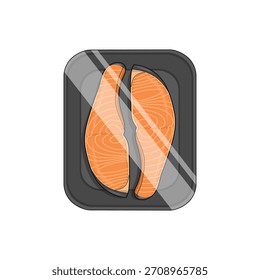 Ilustración vectorial de salmón envasado en una bandeja de poliestireno. 