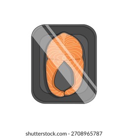 Ilustración vectorial de salmón envasado en una bandeja de poliestireno. 