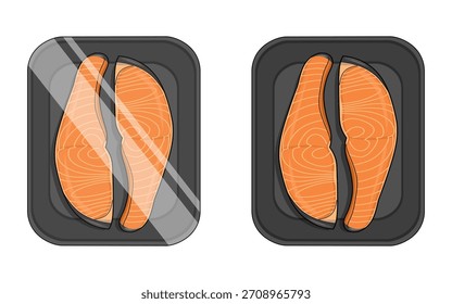 Vector illustration of packaged salmon meat in a styrofoam tray. 