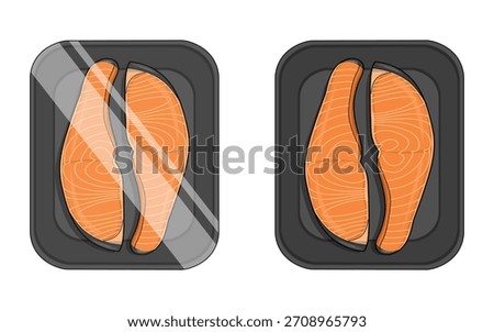Vector illustration of packaged salmon meat in a styrofoam tray. 