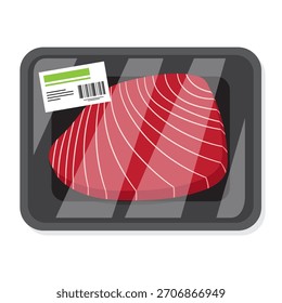 Ilustración vectorial de atún envasado en una bandeja de poliestireno con una etiqueta